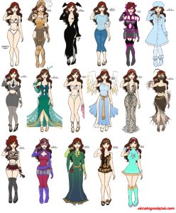 collage of 17 different outfits of my original character Eisheth using the prompts from Outfit August 2018.