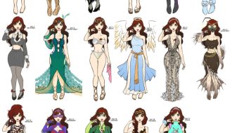 collage of 17 different outfits of my original character Eisheth using the prompts from Outfit August 2018.