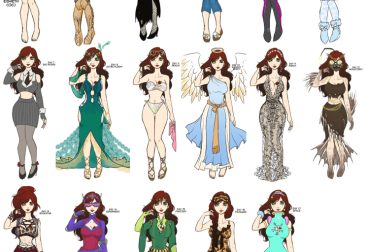 collage of 17 different outfits of my original character Eisheth using the prompts from Outfit August 2018.