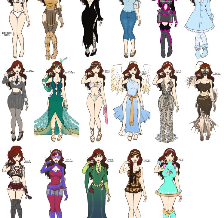 collage of 17 different outfits of my original character Eisheth using the prompts from Outfit August 2018.