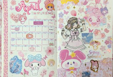 photograph of April 2026 Bullet journal layout featuring My Melody stickers and fanart!
