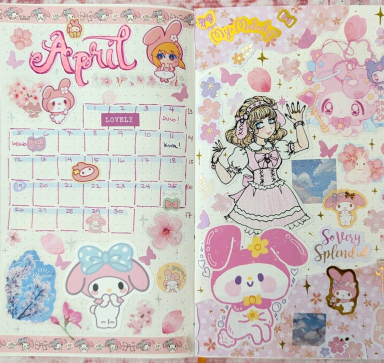 photograph of April 2026 Bullet journal layout featuring My Melody stickers and fanart!