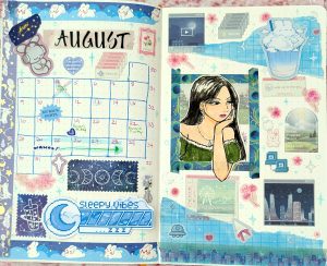 August 2026 bullet journal spread featuring Daiso pixel stickers, y2k computer stickers and an original drawing