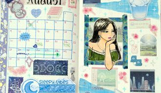 August 2026 bullet journal spread featuring Daiso pixel stickers, y2k computer stickers and an original drawing