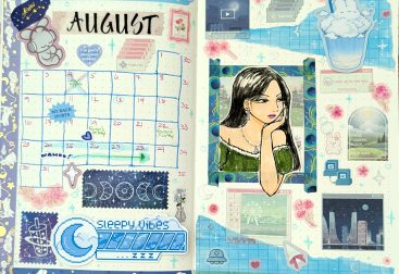 August 2026 bullet journal spread featuring Daiso pixel stickers, y2k computer stickers and an original drawing