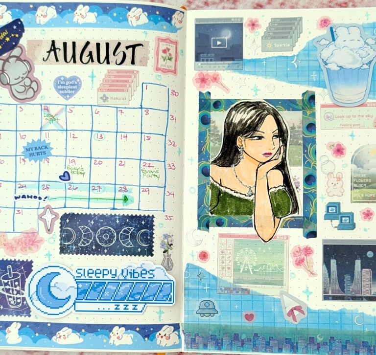 August 2026 bullet journal spread featuring Daiso pixel stickers, y2k computer stickers and an original drawing