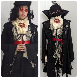 side by side photo of myself wearing a fancy Dracula inspired coord, and the coord on a mannequin