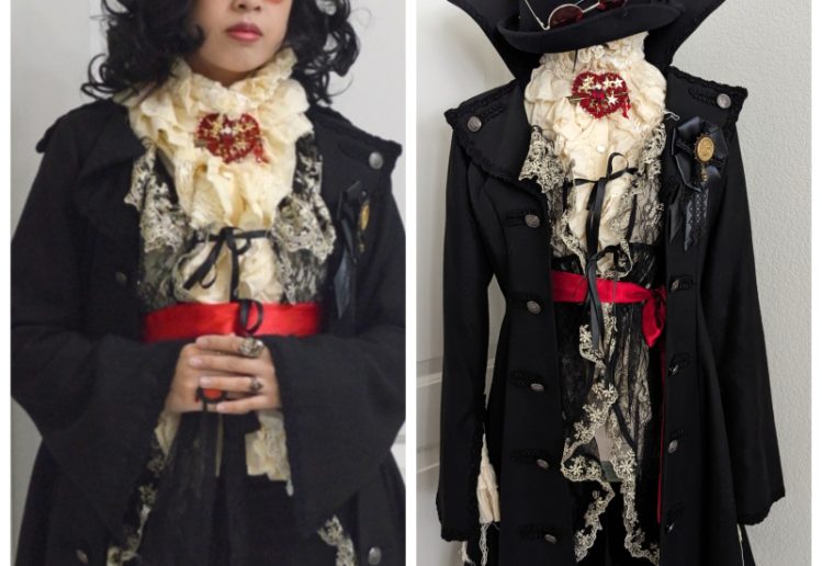side by side photo of myself wearing a fancy Dracula inspired coord, and the coord on a mannequin