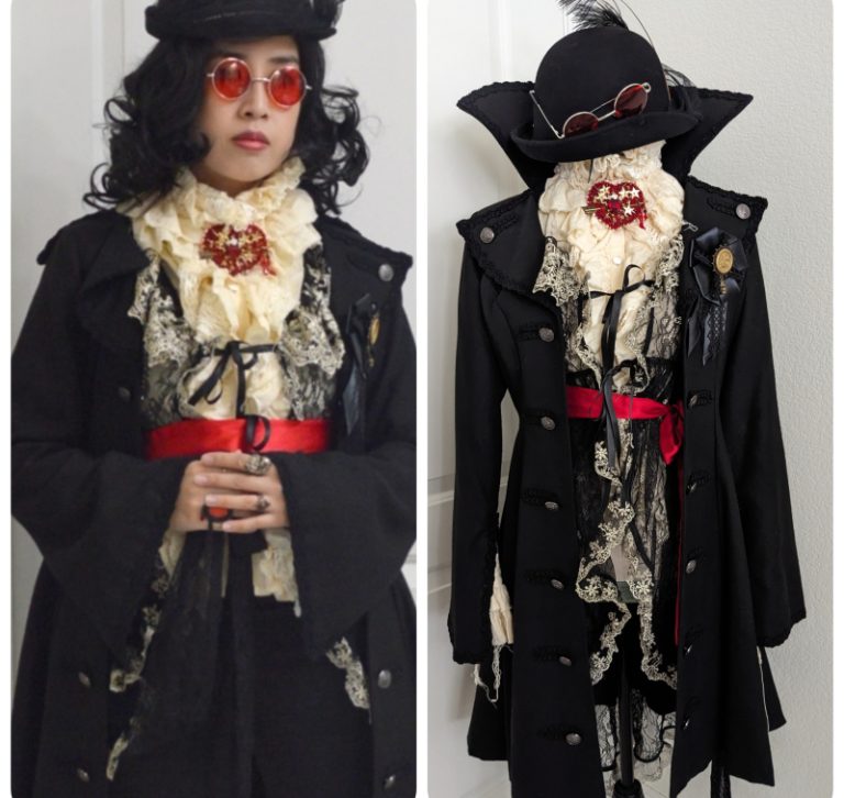 side by side photo of myself wearing a fancy Dracula inspired coord, and the coord on a mannequin
