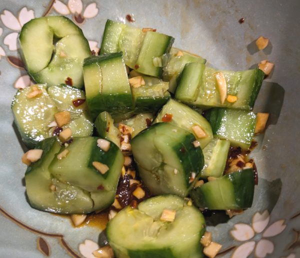 pounded cucumber salad with dressing and garlic
