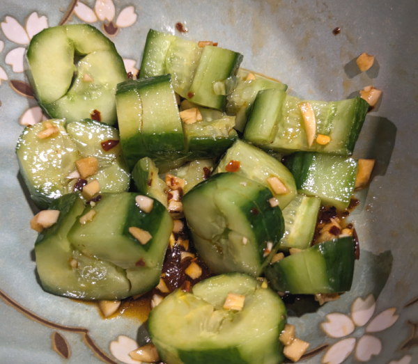 pounded cucumber salad with dressing and garlic
