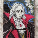 artist trading card of Dracula from Castlevania Symphony of the Night videogame, drawn in ink and colored with alcohol marker and colored pencil