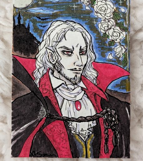 artist trading card of Dracula from Castlevania Symphony of the Night videogame, drawn in ink and colored with alcohol marker and colored pencil