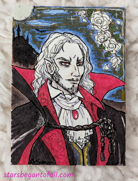 artist trading card of Dracula from Castlevania Symphony of the Night videogame, drawn in ink and colored with alcohol marker and colored pencil