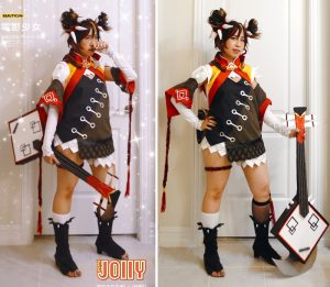 2 side by side full length photos of my Xinyan cosplay with homemade guitar prop