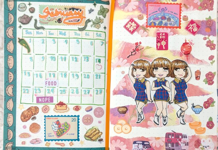 photograph of February 2026 spread with Asian food washi tape and stickers, with a chibi drawing of Orange Caramel in their Shanghai Romance outfits.