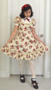 photograph of classic lolita cream floral print dress from Bodyline worn with Metamorphose socks and Secret Shop shoes
