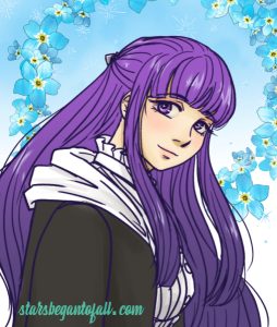 portrait of Fern from Frieren anime looking over her shoulder with a small smile