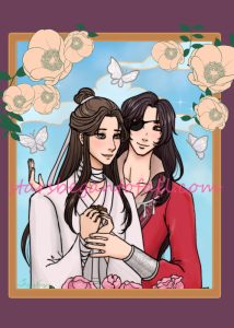 portrait of Xie Lan and Hua Cheng from Heaven Official's Blessing donghua surrounded by flowers