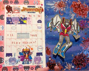 photograph of January 2026 bullet journal spread featuring Starscream from Transformers