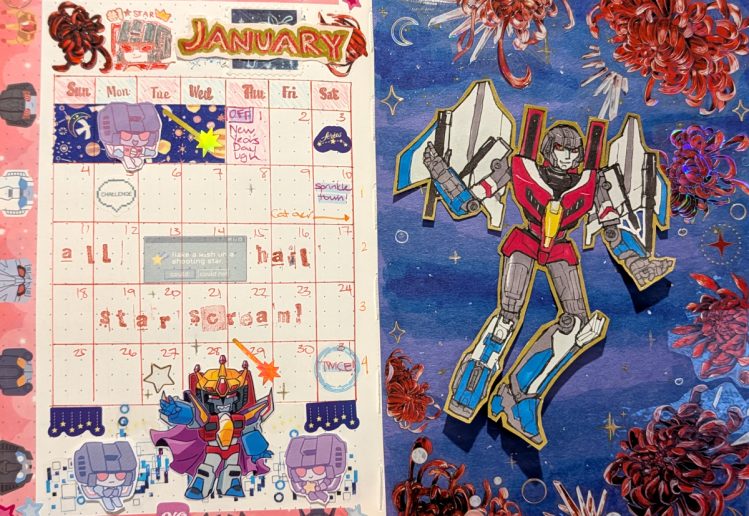 photograph of January 2026 bullet journal spread featuring Starscream from Transformers