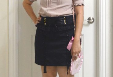 worn photo of Liz Lisa style coord with blouse, hairclip, earrings, ring and socks from Liz Lisa, handmade bow and skirt, shoes from Taobao.