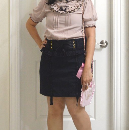 worn photo of Liz Lisa style coord with blouse, hairclip, earrings, ring and socks from Liz Lisa, handmade bow and skirt, shoes from Taobao.