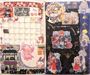 photograph of bullet journal spread for July 2026 featuring a collage of traditional Japanese festival stickers and stationary, also Chinese Genshin fanart stickers on a night sky hand-doodled background