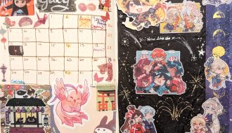photograph of bullet journal spread for July 2026 featuring a collage of traditional Japanese festival stickers and stationary, also Chinese Genshin fanart stickers on a night sky hand-doodled background