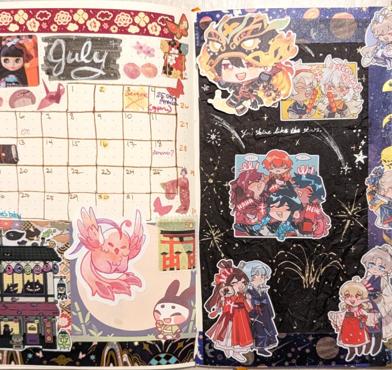photograph of bullet journal spread for July 2026 featuring a collage of traditional Japanese festival stickers and stationary, also Chinese Genshin fanart stickers on a night sky hand-doodled background