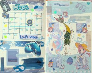 photo of a monthly bullet journal layout for June featuring original character and Pokemon fanmade stickers, Daiso stickers, washi tape and stationary scraps