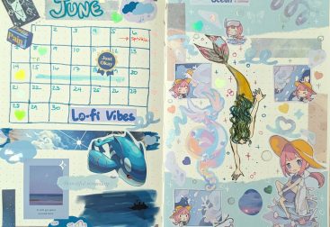 photo of a monthly bullet journal layout for June featuring original character and Pokemon fanmade stickers, Daiso stickers, washi tape and stationary scraps