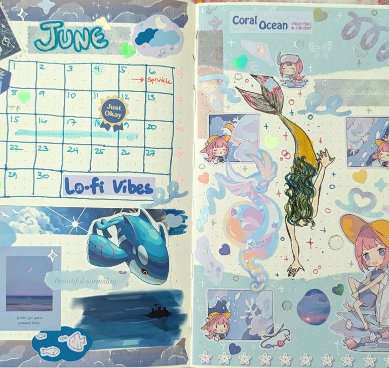 photo of a monthly bullet journal layout for June featuring original character and Pokemon fanmade stickers, Daiso stickers, washi tape and stationary scraps