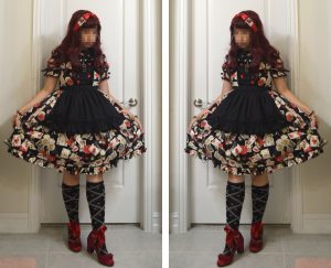 mirrored photo of lolita coordinate featuring the black/red one piece dress from Metamorphose Temps des Filles with an Alice in Wonderland themed print