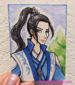 trading card portrait of Liu Qingge from Scum Villain Self Saving System donghua colored in markers and pens and pencils