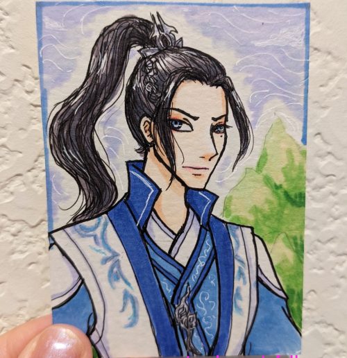 trading card portrait of Liu Qingge from Scum Villain Self Saving System donghua colored in markers and pens and pencils