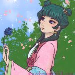 portrait of Maomao from Apothecary Diaries anime wearing her spring party outfit and holding a blue rose