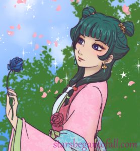 portrait of Maomao from Apothecary Diaries anime wearing her spring party outfit and holding a blue rose