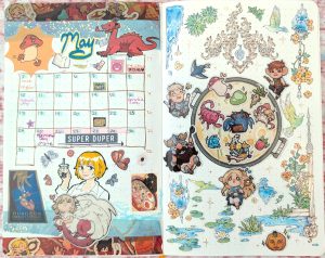photograph of May 2026 bullet journal layout, featuring Dungeon Meshi stickers, washi tape, fantasy stickers and a tiny fanart of Falin