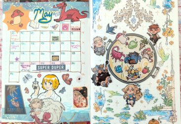 photograph of May 2026 bullet journal layout, featuring Dungeon Meshi stickers, washi tape, fantasy stickers and a tiny fanart of Falin