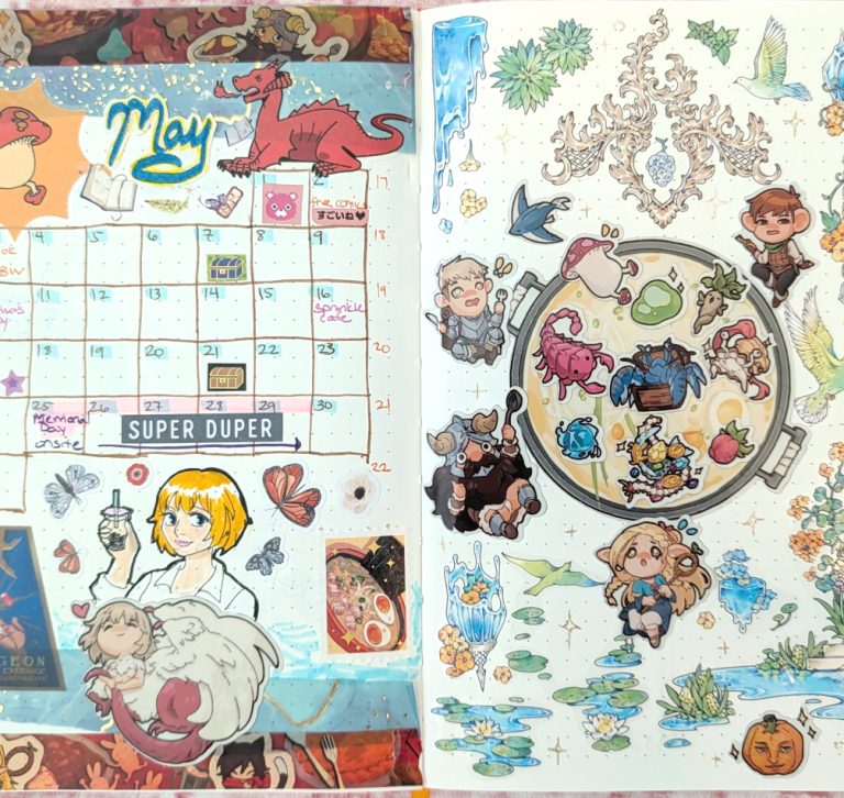 photograph of May 2026 bullet journal layout, featuring Dungeon Meshi stickers, washi tape, fantasy stickers and a tiny fanart of Falin