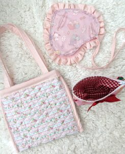 photograph of 3 handmade print bags, showing the insides and reverse