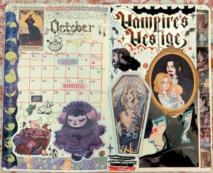 photograph of October 2025 bullet journal monthly calendar spread, featuring gothic lolita characters, witchy cats and half-vampires