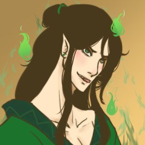 portrait of Qi Rong (fan design) with loose green robe and green flames