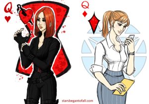 duo drawings of Black Widow (MCU Avengers) and Pepper Potts as queen of hearts, queen of diamonds