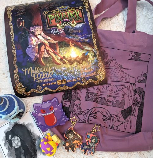 Raffle prize! I won a commemorative Frieren poster signed by the voice actors, special Frieren tote bag, plus Gengar coaster, 2 clay creations and 2 genshin keychains