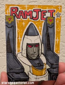trading card portrait of Ramjet from Transformers, based on his studio series figure that I got, I guess it's G1, idk. He's a little uggo, but that's canon. Ink and alcohol and acrylic markers