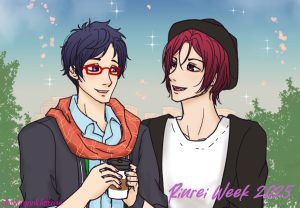 drawing of Rei and Rin from Free! anime, dressed in 2010s fashion. Rei is holding a cup of hot drink and Rin is grinning at him