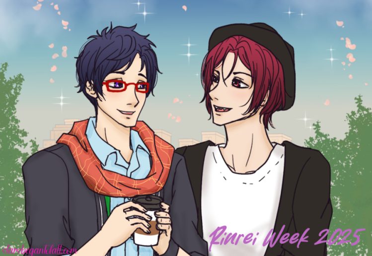 drawing of Rei and Rin from Free! anime, dressed in 2010s fashion. Rei is holding a cup of hot drink and Rin is grinning at him