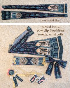photograph of two Rose Palace waist ties in green, and then the front side of the waist ties with all of the accessories sewn from the backside - a headdress, a bow, a rosette and two wrist cuffs